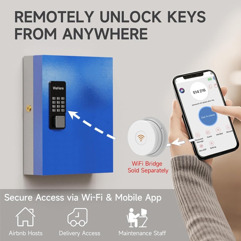 WeHere 32 Key Lock Box (Plus) Wall Mount, APP Bluetooth/OTP/Wi-Fi/Fixed Code/Key Unlock, Smart Key Cabinet with Tag, Key Organizer Holder box Management Directory for Office, Valet, Car,Truck - Image 5